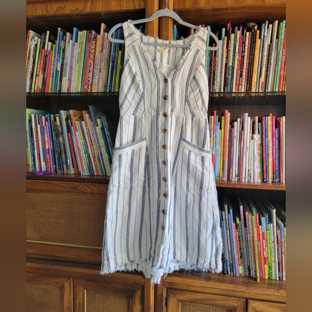 Maeve Anthropologie Linen Stripe Midi Sundress Buttons Pockets Fringe NWOT 10